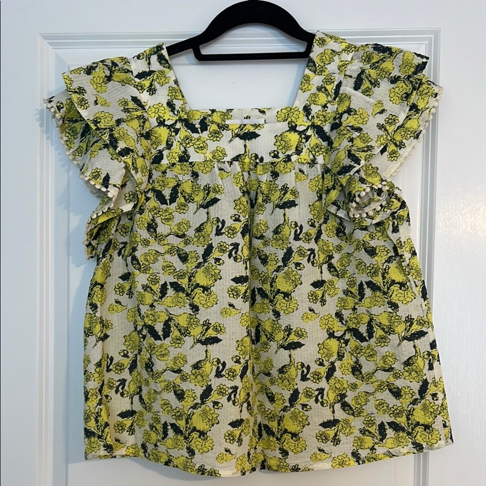 THML Floral Ruffle Sleeve Top - Yellow and Green